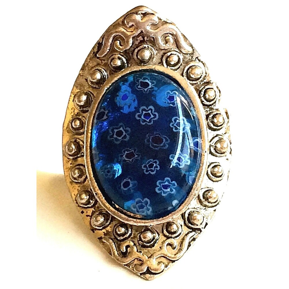 Vintage Blue Murano Art Glass Cocktail Ring Size 9 10 Millefiori Silver Tone